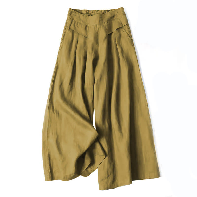 Weite Damenhose aus Leinen in Khaki, modisch und bequem, ideal für Sommermode. Perfekt kombinierbar mit lässigen und eleganten Outfits.