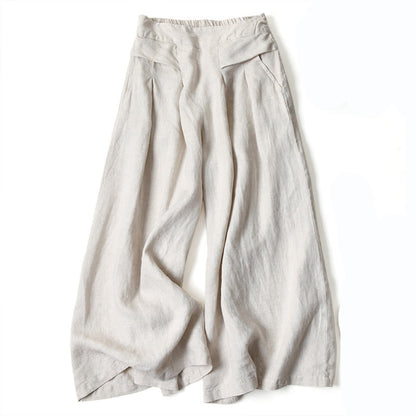 Weite Leinenhose Damen, beige, mit hoher Taille und weitem Bein. Sommermode, lässiger Stil, atmungsaktiver Stoff, ideal für warme Tage.