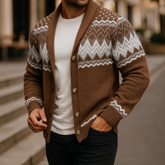 Herren Strickjacke Schalkragen Musterstrick Knopfleiste