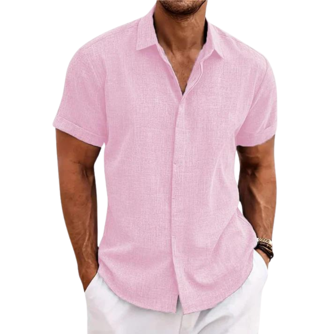 Herrenhemd rosa Leinen, kurzärmelig, lässig, Sommermode, Knopfleiste, eleganter Freizeitlook, ideal für warme Tage, stilvoll und bequem.