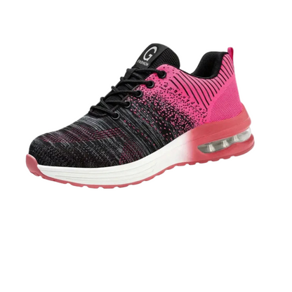 Schwarzer und pinker Damen-Laufschuh mit Luftpolstersohle, atmungsaktivem Strickmaterial und rutschfester Sohle, ideal für Sport und Freizeit.