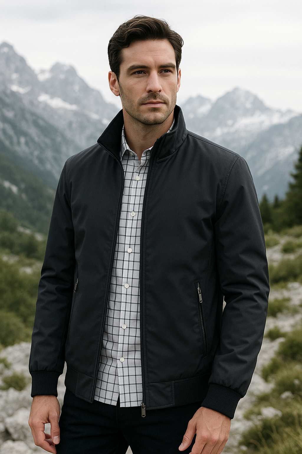 Ein Mann in einer schwarzen Jacke steht vor einer Berglandschaft. Er trägt ein kariertes Hemd. Hintergrund: bewaldete Berge und Wolken.