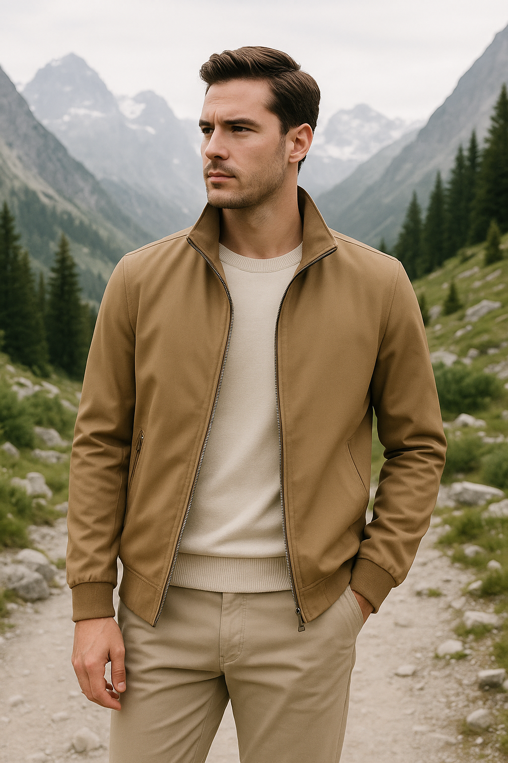 Mann in beiger Jacke und Hose steht auf Bergpfad, umgeben von grünen Tannen und Bergen im Hintergrund. Outdoor-Mode, Natur, Herrenbekleidung.