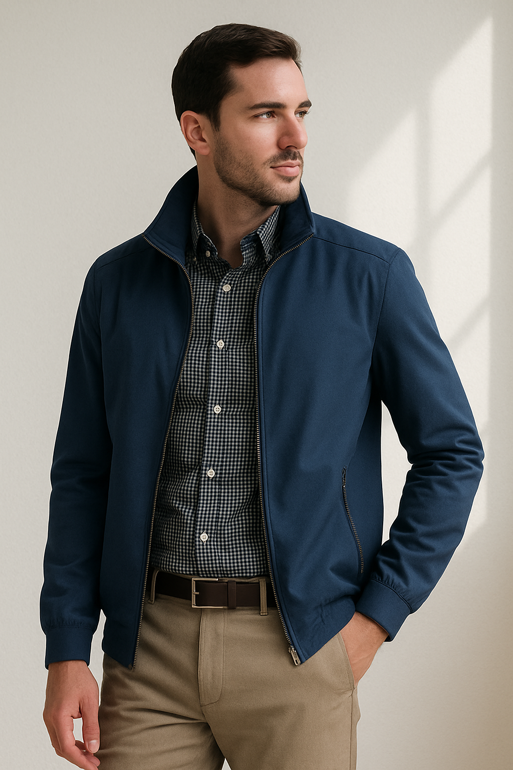 Mann in blauer Jacke und kariertem Hemd, schaut zur Seite. Stilvolle Herrenmode, Freizeitlook, moderne Kleidung, elegantes Outfit.