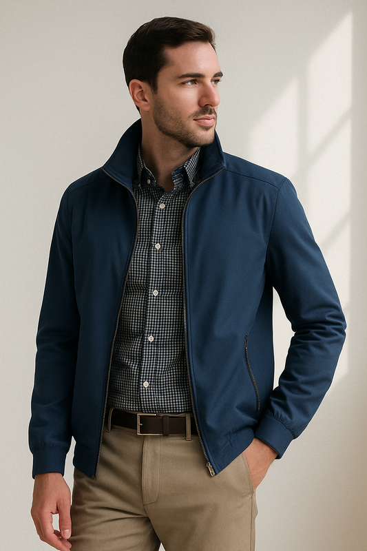 Mann in blauer Jacke und kariertem Hemd, schaut zur Seite. Stilvolle Herrenmode, Freizeitlook, moderne Kleidung, elegantes Outfit.