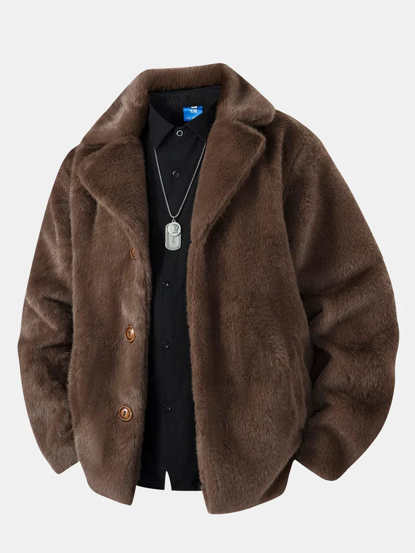 Men's Winter Jacket Faux Fur Button Placket Relaxed Fit