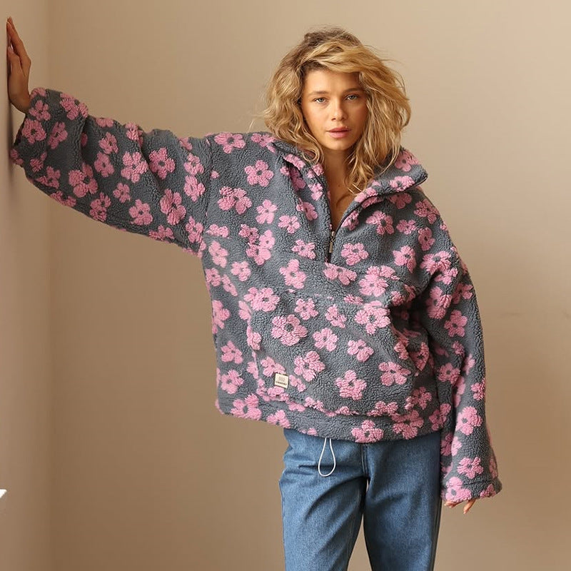 Damen Fleece-Pullover mit Blumenmuster für den Herbst