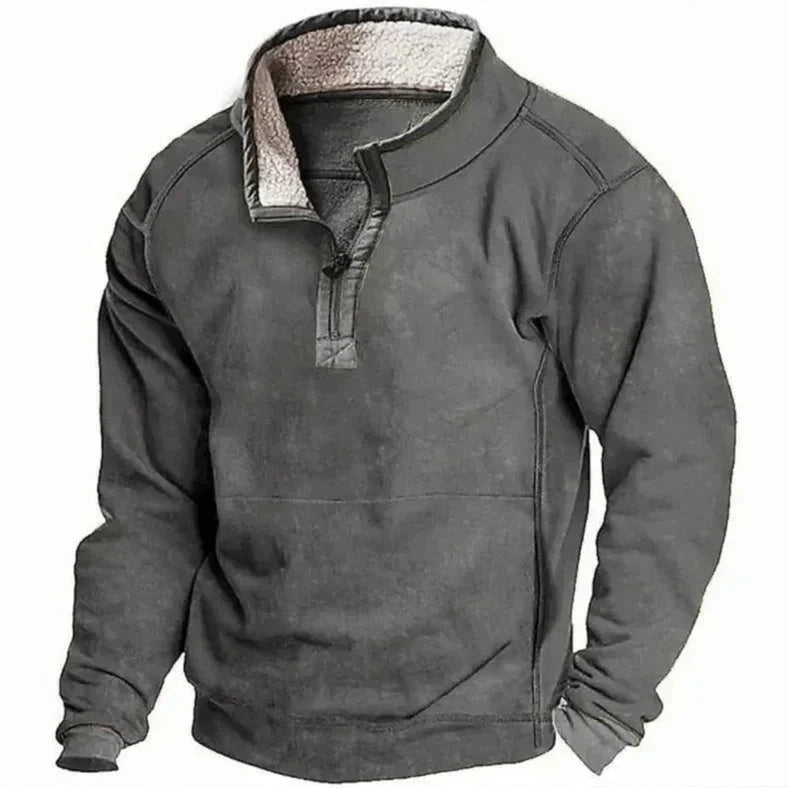 Grauer Herrenpullover mit Reißverschluss und Fleecefutter, warm und modisch, ideal für Herbst und Winter. Bequeme Freizeitkleidung.