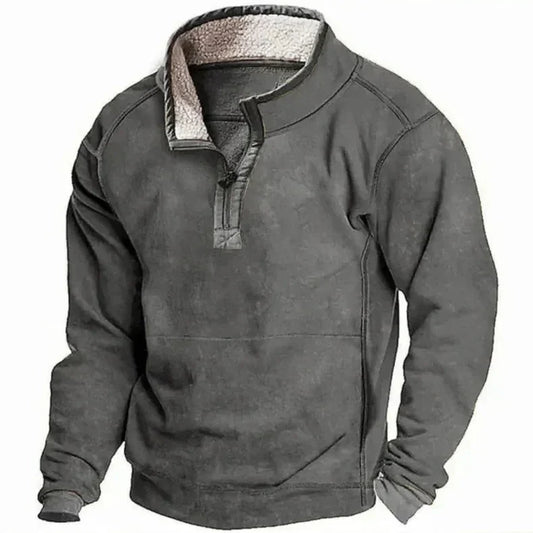 Grauer Herrenpullover mit Reißverschluss und Fleecefutter, warm und modisch, ideal für Herbst und Winter. Bequeme Freizeitkleidung.