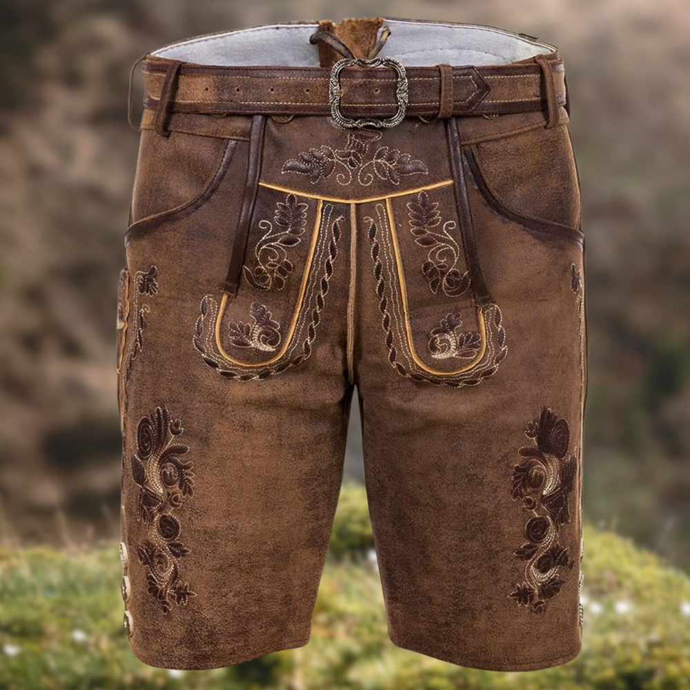 Braune Lederhose mit aufwendiger Stickerei, traditionelles bayerisches Trachtenkleidungsstück, ideal für Oktoberfest und Volksfeste.