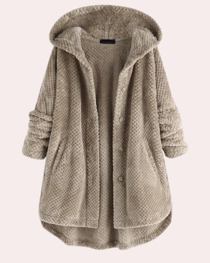 Beige Damen Teddyfelljacke mit Kapuze, Knopfleiste und Taschen, kuschelig und warm, ideal für Herbst und Wintermode.