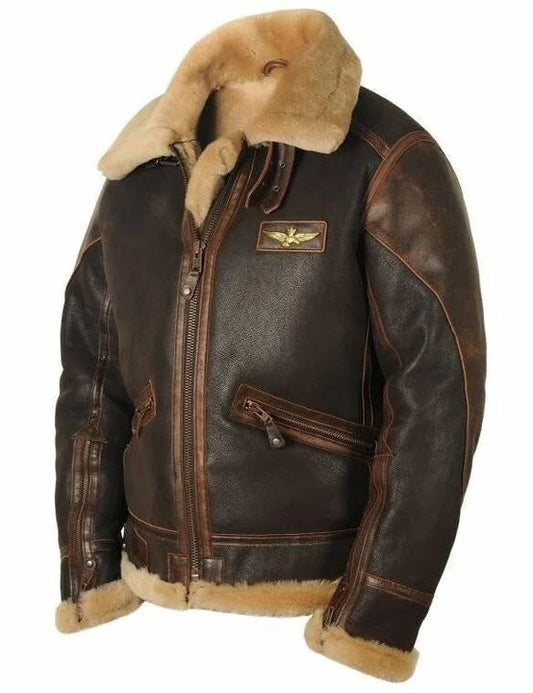 Braune Lederjacke mit Fellkragen, Reißverschlüssen und Abzeichen. Stilvolle Fliegerjacke für Herren, ideal für Wintermode und Vintage-Look.